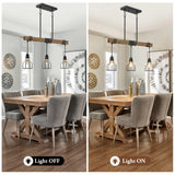 3-Light Kitchen Island Lighting, 63" Adjustable Height Pendant Light Fixtures Black Metal & Rustic Wood Modern Dining Room Linear Chandelier Over Table with E26 Base for Farmhouse Bar LuxiGlowra