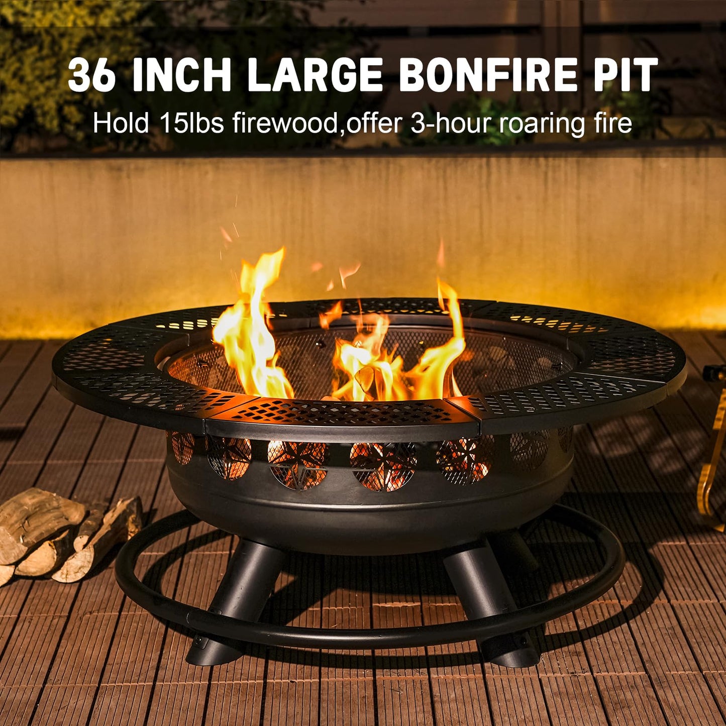 36 Inch Fire Pit with 2 Cooking Grills,Outdoor Wood Burning BBQ Firepit with Lid, 3-in-1 Outdoor Fire Pit for Backyard Deck Bonfire Patio Picnic