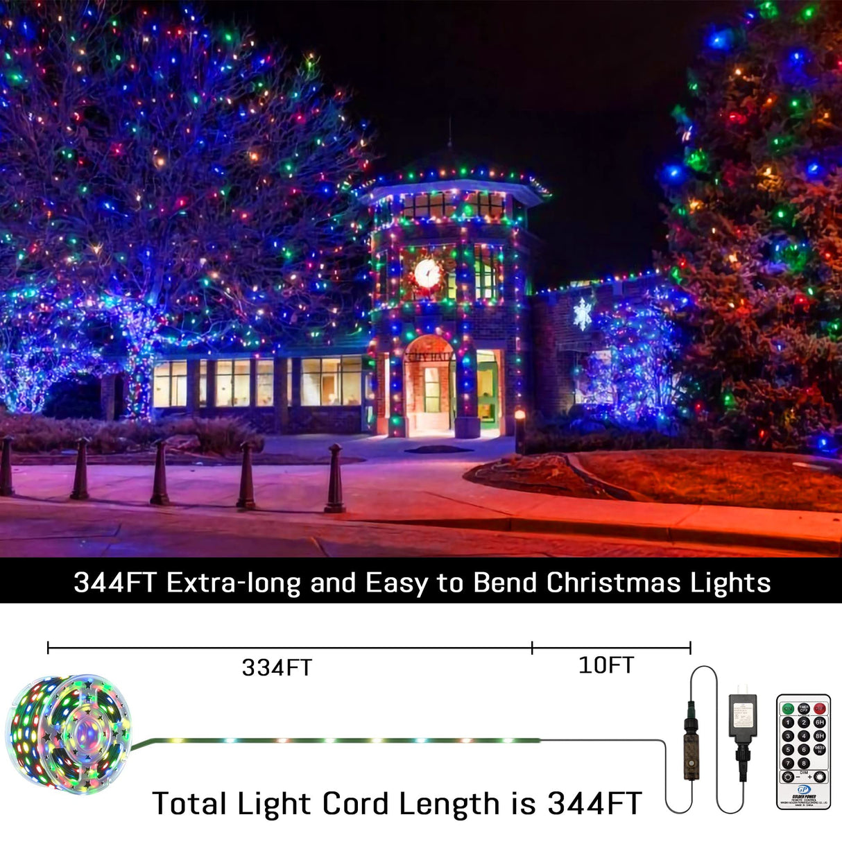 Eueasy Christmas Lights Outdoor, 1000 LED 344FT Fairy String Lights Plug in Waterproof with Remote, 8 Modes with Timer for Indoor Decorations Bedroom Xmas Tree Holiday House Party Decor Eueasy
