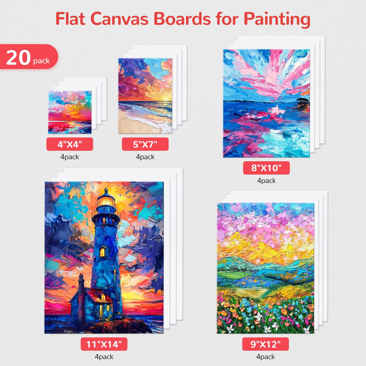 BAKEYBA Canvas Boards for Painting 20 Pack, 4 of Each 4x4, 5x7, 8x10, 9x12,11x14 Primed White Art Canvas Panels for Acrylic, Oil Paint, Watercolor BAKEYBA