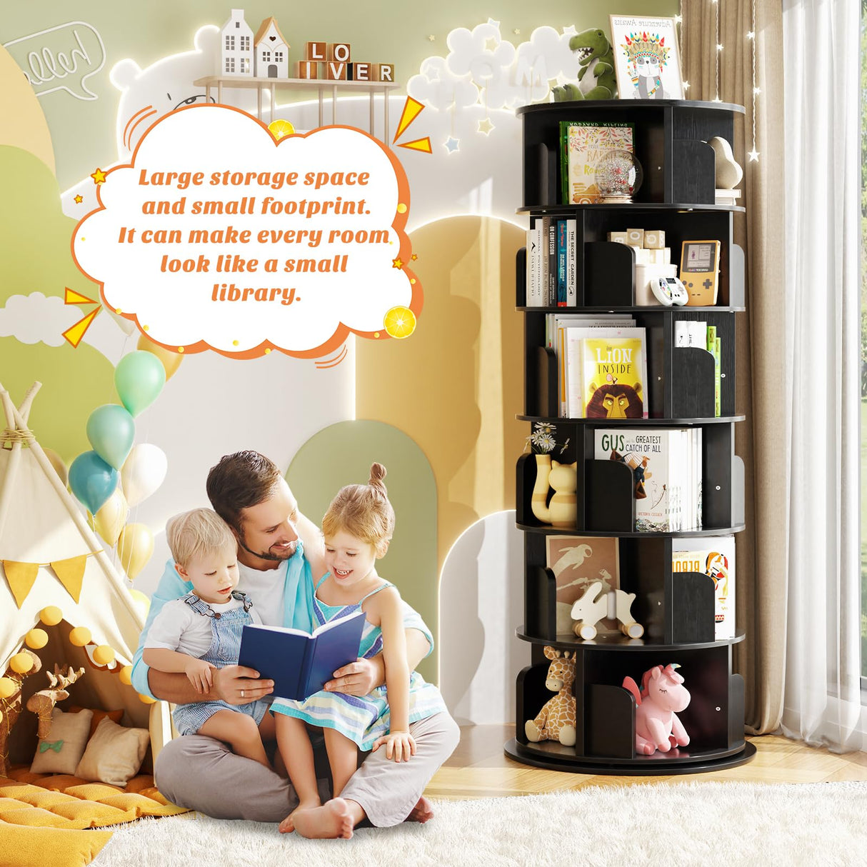 Aheaplus 6 Tier Rotating Bookshelf, Wood Spinning Bookshelf Tower, Round Revolving 360 Bookcase, Narrow Turning Book Shelf Rolling Corner Organizer for Small Space, Bedroom, Office, Black Aheaplus