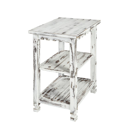 Rustic Cottage End Table w/ 2 Shelves - White Antique, 15in x 10in x 27in - Living Room Furniture - Assembly Required - Distressed Finish - Dental Work & Turned Legs - Constructed of Select Hardwoods Alaterre Furniture