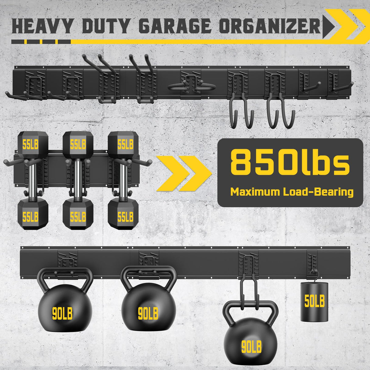 YZSFMZGE 64" Garage Tool Organizer Wall Mount, 850lbs Garden Tool Organizer with 12 Adjustable Hooks, Heavy Duty Garage Tool Storage Rack for Yard, Shed (4 Racks, 12 Hooks, 4 Straps) YZSFMZGE