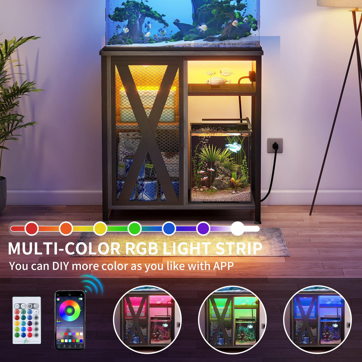 DWVO 20-29 Gallon Aquarium Stand with Power Outlets & LED Light, Cabinet for Fish Tank Accessories Storage - Metal Fish Tank Stand Suitable for Turtle Tank, Reptile Terrarium, 350LBS Capacity, Grey DWVO