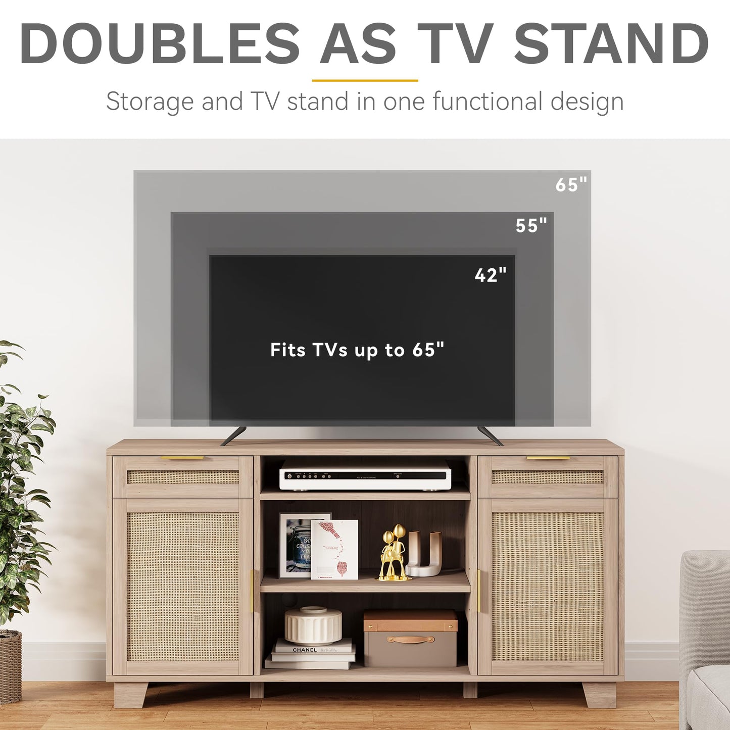 DWVO Boho TV Stand for 55 65 Inch TV, Entertainment Center with Storage, 58" Rattan TV Console, Mid Century Modern TV Cabinet with 2 Drawers, Adjustable Shelf