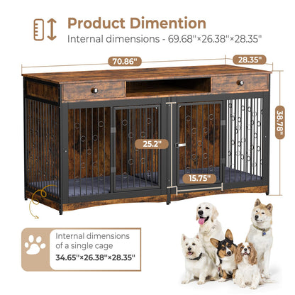 Lyromix 70.86'' Dog Crate Furniture Large Breed TV Stand with 2 Drawer & Double Rooms,Wooden Dog Kennel Dog Crate End Table with Cushion Removable Divider for Large Medium Dogs, Brown - WoodArtSupply