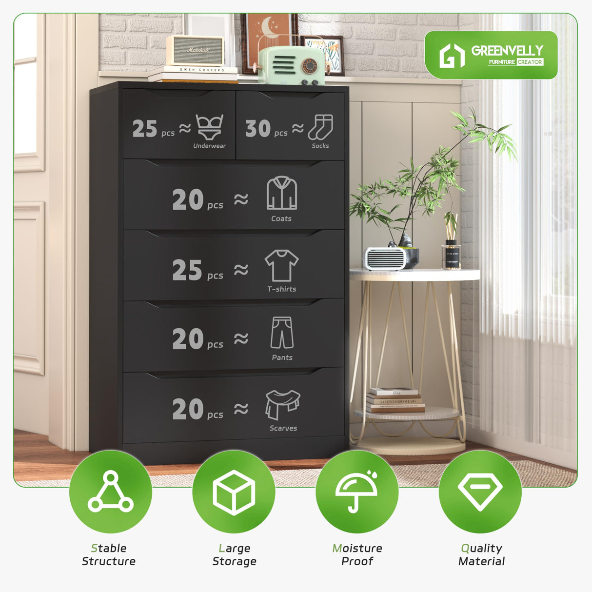 Greenvelly Black Dresser,Tall 6-Drawer Dresser for Bedroom, Wood Dresser with 6 Large Drawers, Wooden Dressers & Chests of Drawers, Black dresser with Smooth Metal Rail for Nursery, Women, Family Greenvelly