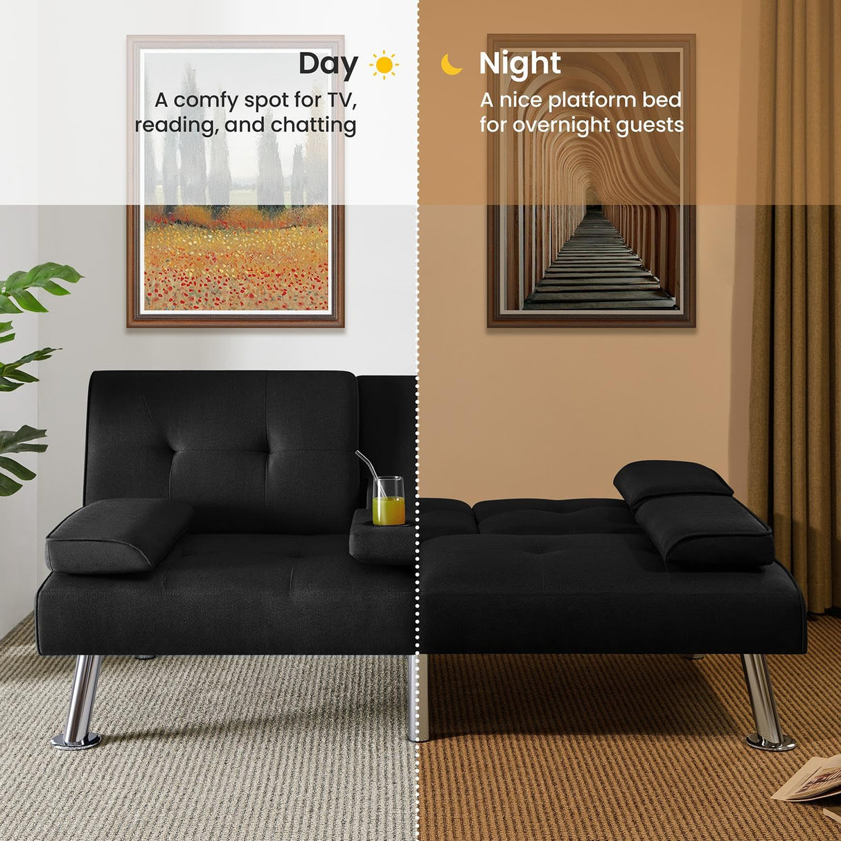 Yaheetech Convertible Sofa Bed Adjustable Fabric Couch Sleeper Modern Recliner Reversible Loveseat Folding Daybed Guest Bed, Removable Armrests, Cup Holders, 3 Angles, 772lb Capacity, Black Yaheetech