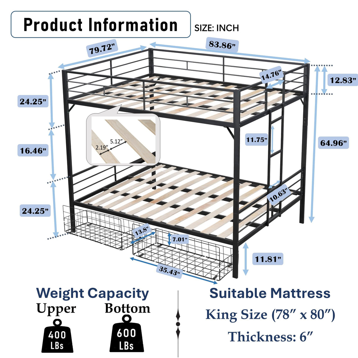 PVWIIK King Over King Bunk Bed with Storage Drawers and Ladder for Kids,Adult,Teenagers,Heavy Duty Metal Bunk Bed w/Full Length Guardrail for Dorm,Bedroom,Guest Room,No Box Spring Needed,Black PVWIIK