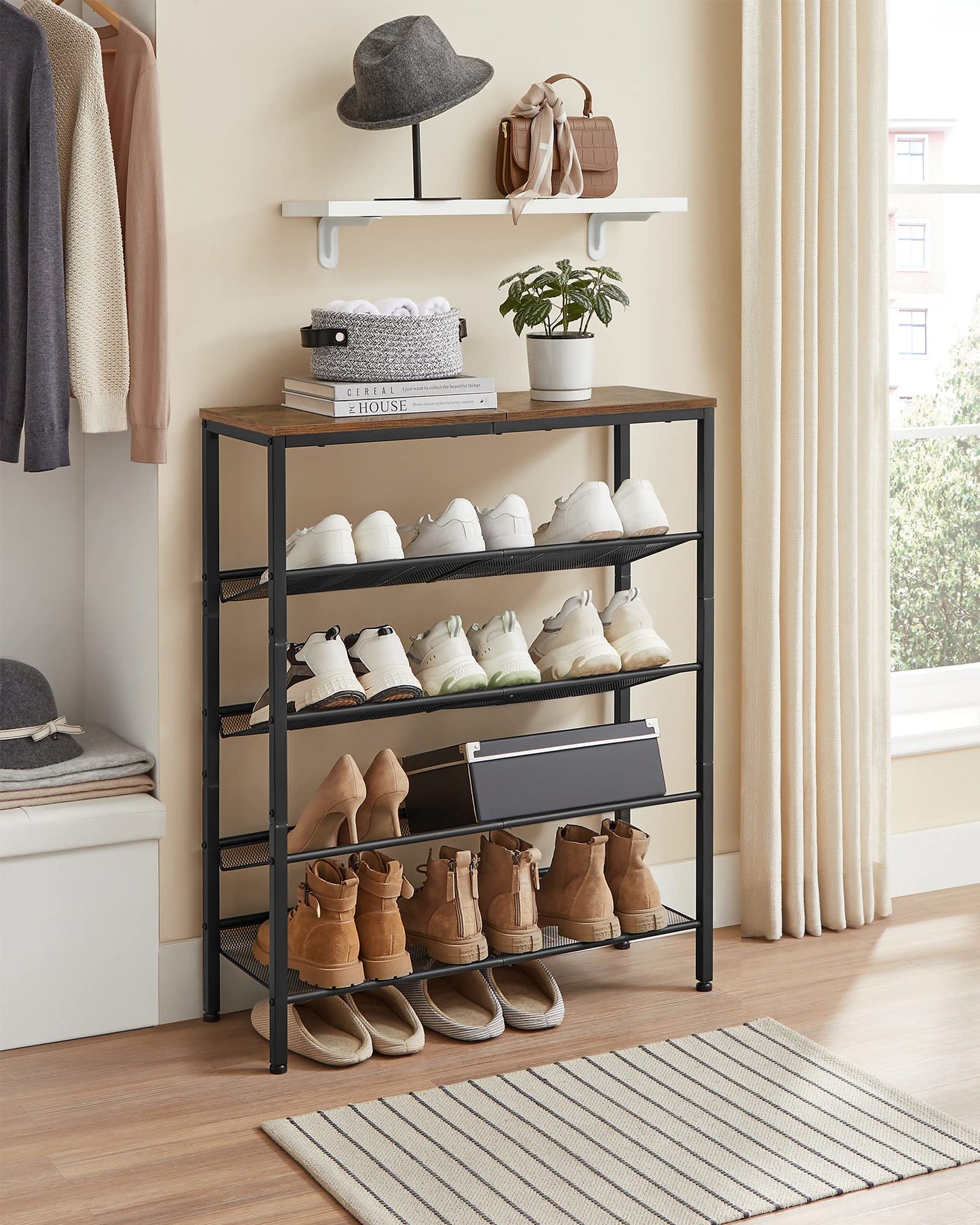 VASAGLE Shoe Rack for Entryway, 5 Tier Shoe Storage Shelves, 16-20 Pairs Shoe Organizer, with Sturdy Wooden Top and Steel Frame, Free Standing, Industrial, Rustic Brown and Ink Black ULBS038B - WoodArtSupply