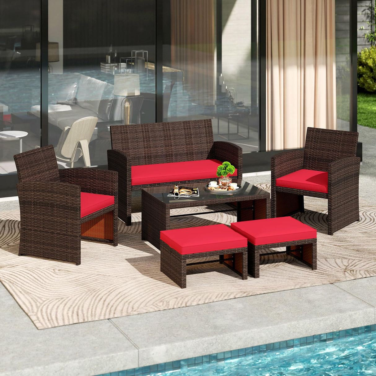 Tangkula 6 Pieces Patio Furniture Set, Outdoor Sectional Conversation PE Rattan Sofa Set with 1 Loveseat, 1 Coffee Table, 2 Armchairs and 2 Ottomans for Garden, Deck, Backyard and Poolside (Red) Tangkula