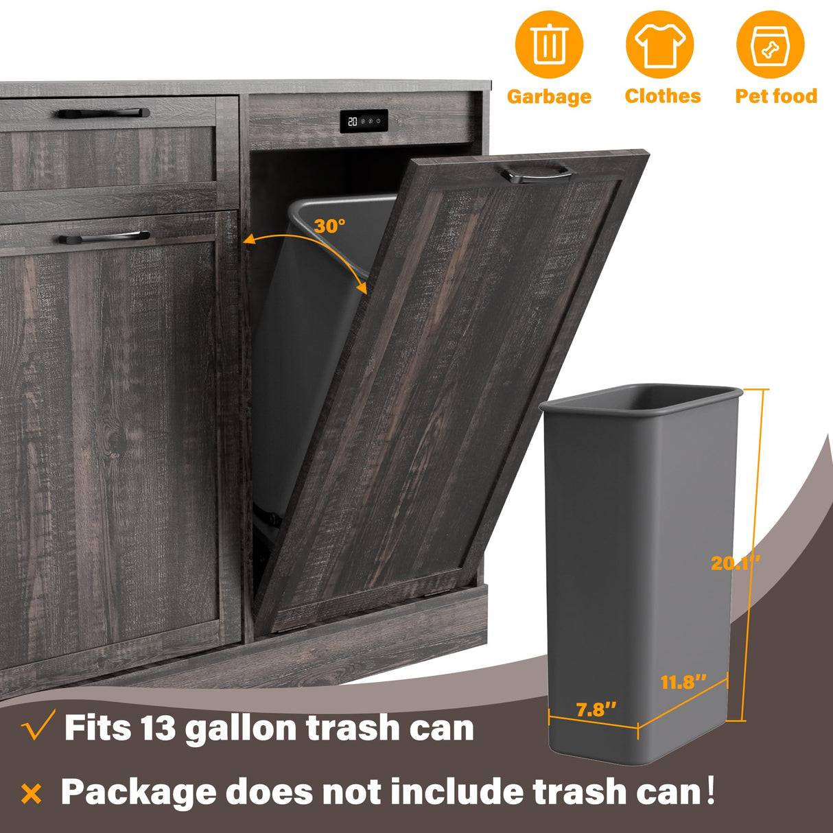 Double Tilt Out Trash Can Cabinet, Kitchen Island with Trash Can Storage, Trashcan Cabinet for Kitchens, Wood Cabinet with Trash Can Pull Out, Dog Proof Trash Can, Tilt Out Laundry Hamper, Brown LOUVIXA
