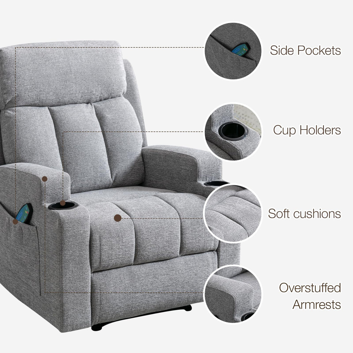 Phoenix Home Manual Recliner Chair with Massage and Heat for Living Room Overstuffed Breathable Fabric Reclining Chair with 2 Side Pockets, 2 Cup Holders, Remote Control, Gray Phoenix Home