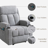 Phoenix Home Manual Recliner Chair with Massage and Heat for Living Room Overstuffed Breathable Fabric Reclining Chair with 2 Side Pockets, 2 Cup Holders, Remote Control, Gray Phoenix Home