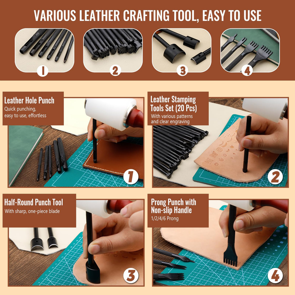 Leather Working Tools Kit, Leather Tooling Kit with Double Layer Storage Box, Heavy Duty Sewing Kit, Professional Working Tools and Supplies for DIY Stamping Cutting Engraving Punching Sewing FOUSNOW