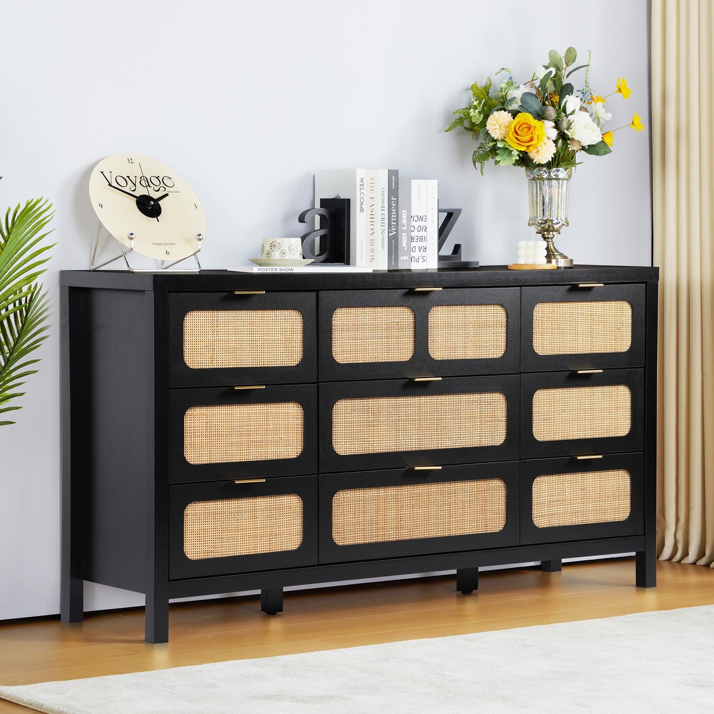 UHMUVFM 9 Drawer Dresser with Rattan Finish, Modern Farmhouse Chest of Drawers with Metal Handles, Accent Wood Storage Cabinet for Bedroom, Living Room and Kitchen (Black) - WoodArtSupply