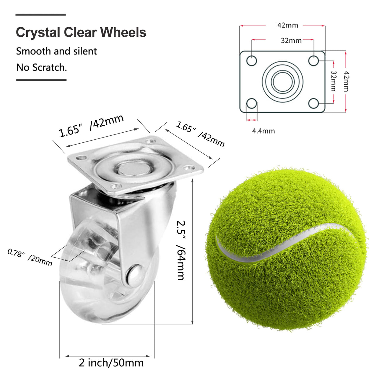 Swivel Casters Set of 4, 2 Inch Caster Wheels for Furniture, Crystal Clear Polyurethane Furniture Casters-Rolling Castors with 360 Degree Plate for Cabinet,Ottoman,Bench (500 Lbs,Screws Included) YAEMIKY