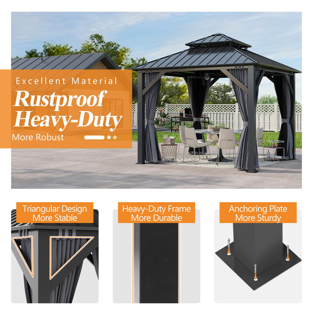 GARTOO 8.5x8.5FT Outdoor Hardtop Gazebo - Aluminum Heavy-Duty Galvanized Steel Top Gazebo with Breathable Netting & Privacy Curtain, Double Roof Gazebos for Patio, Porch, Garden, Lawn, Deck, Backyard GARTOO