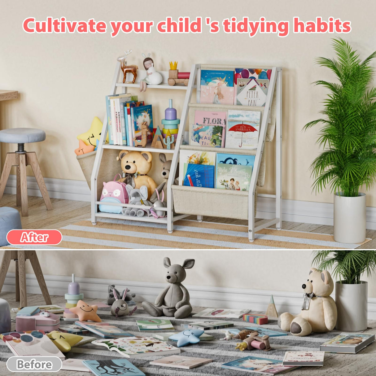 LATIBELL 3 Tier Kids Bookshelf and Toy Storage, Montessori Baby Toddler Bookshelf for Kids, Bookcase, Toy Storage Organizer, for Playroom, Bedroom, Nursery (White) LATIBELL