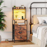 Furologee Tall Nightstand with 3 Drawers, Bedside Table with LED Lights and Charging Station, Night Stand with Pegboard and Shelves, 44'' Tall Bedside Table for Bedroom/Living Room/Dorm/Rustic Brown Furologee