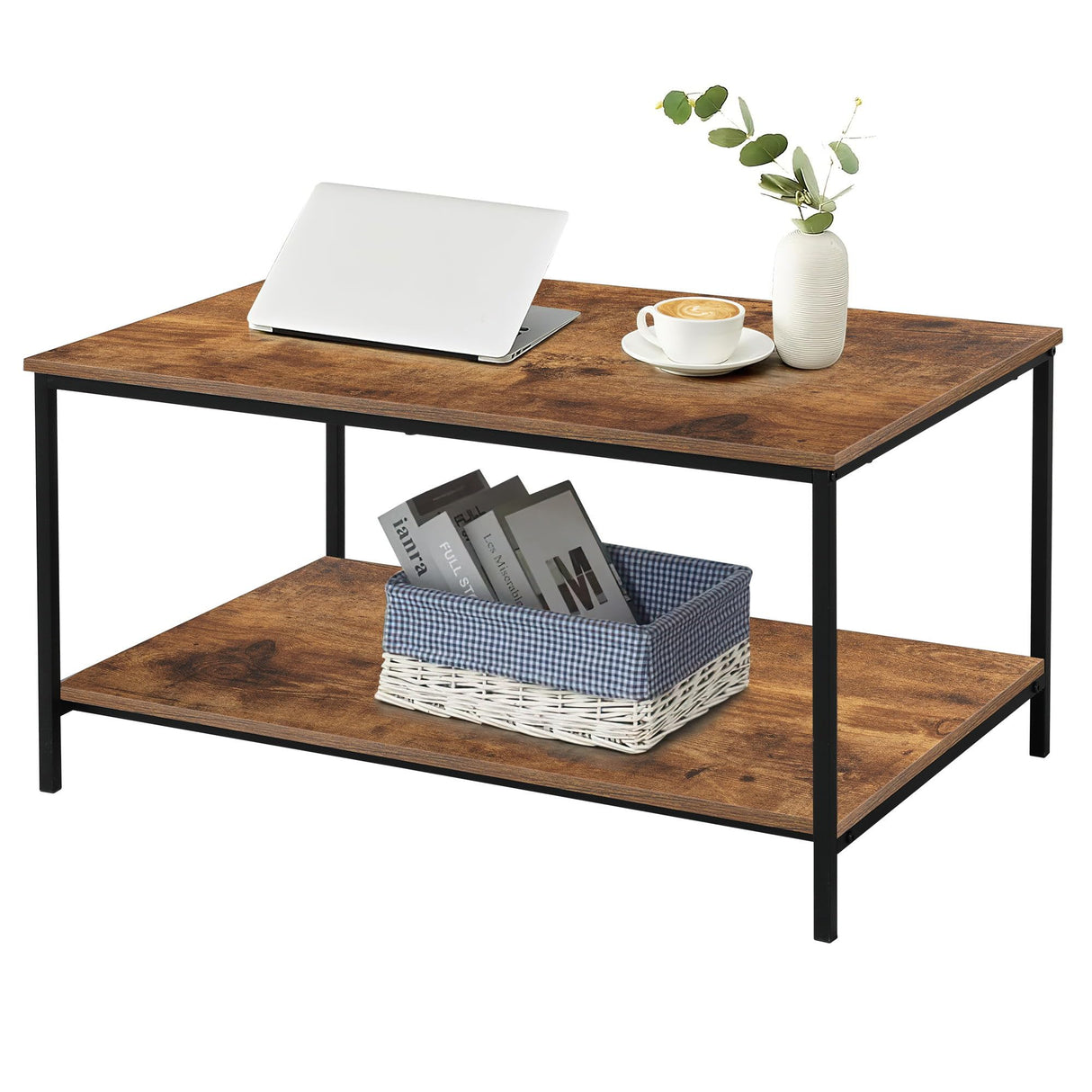 SENIG Small Brown Rectangle Wood and Metal Coffee Table with Storage Shelf for Small Living Rooms SENIG