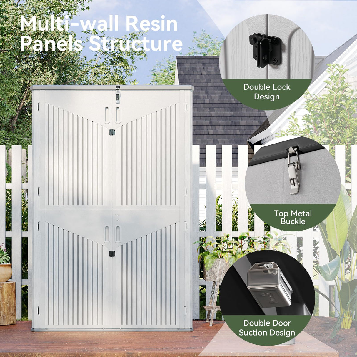 Aoxun Outdoor Resin Storage Shed with 2 Shelves & Floor, 64 Cu.Ft Vertical Waterproof Storage Cabinet for Garage Storage, Pool Storage, Bike Shed, Garden Tools, Patio Furniture (White) Aoxun