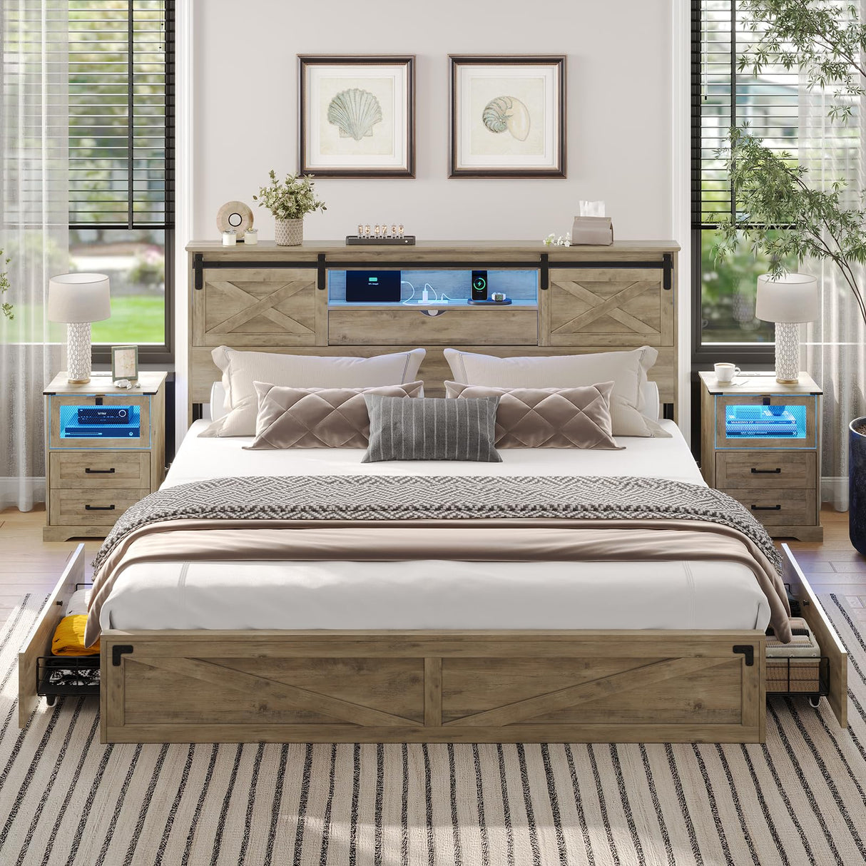 Hasuit Rustic Oak Farmhouse King Bed Frame with LED Lights, Charging Station, and Storage Drawers Hasuit