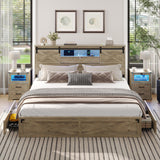 Hasuit Rustic Oak Farmhouse King Bed Frame with LED Lights, Charging Station, and Storage Drawers Hasuit