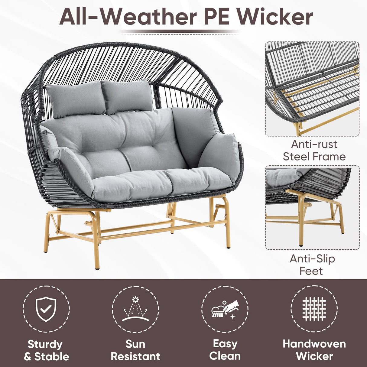 Belord Double Egg Chair Outdoor Glider Loveseat, 550LBS Weight Capacity Wicker Patio Rocking Egg Chairs, Handwoven Rattan Porch Furniture Glider Loveseat for Patio Deck Balcony Sunroom Belord