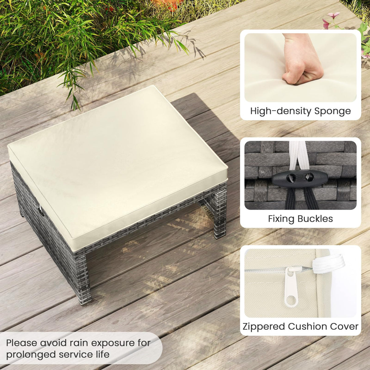 RELAX4LIFE Wicker Outdoor Ottoman Set of 2 - Rattan Footstools Foot Rest w/Removable Cushions, Multipurpose Side Table & Additional Seating, Outdoor Ottomans for Patio Garden Porch (Grey-Off White) RELAX4LIFE