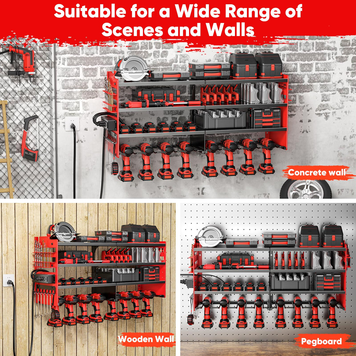 POKIPO Large Power Tool Organizer Wall Mount with Charging Station,4 Layer Heavy Duty Metal Tool Storage Shelf Loads 600lbs,Battery Utility Rack With 4 Outlet Power Strip with 8 Cordless Drill Holder POKIPO