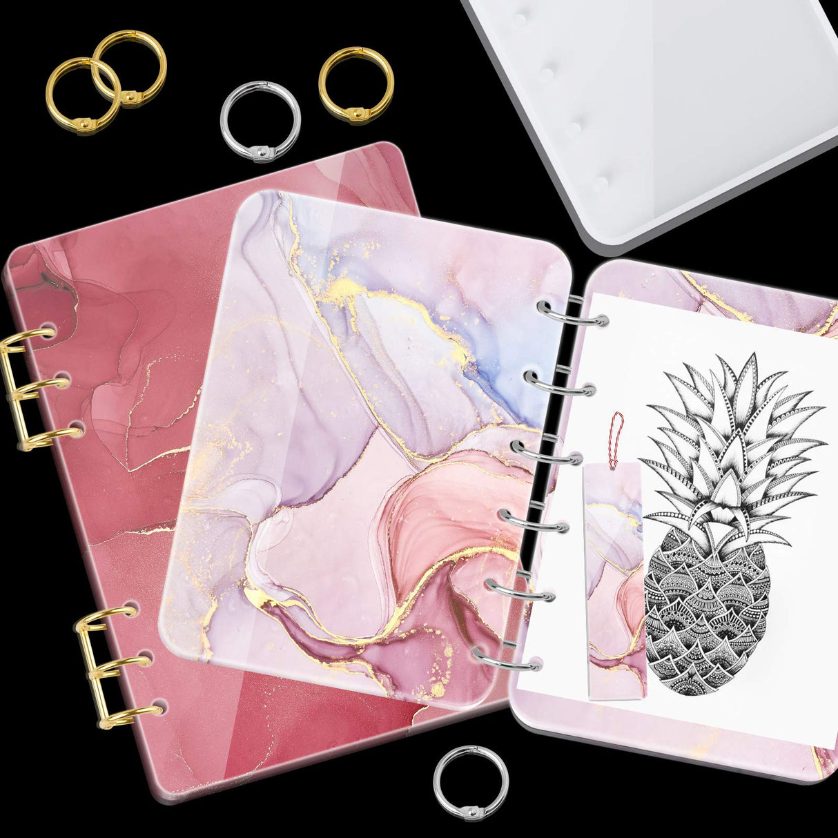 NiArt A4 Large Notebook Cover Epoxy Resin Silicone Molds A4,A5,A6,A7 Bookmark 40PCS Loose Leaf Binder Rings Kit DIY Casting Tool Handmade Agate Art Craft Soft Shiny Glossy Finish Easy Unmold Journal NiArt