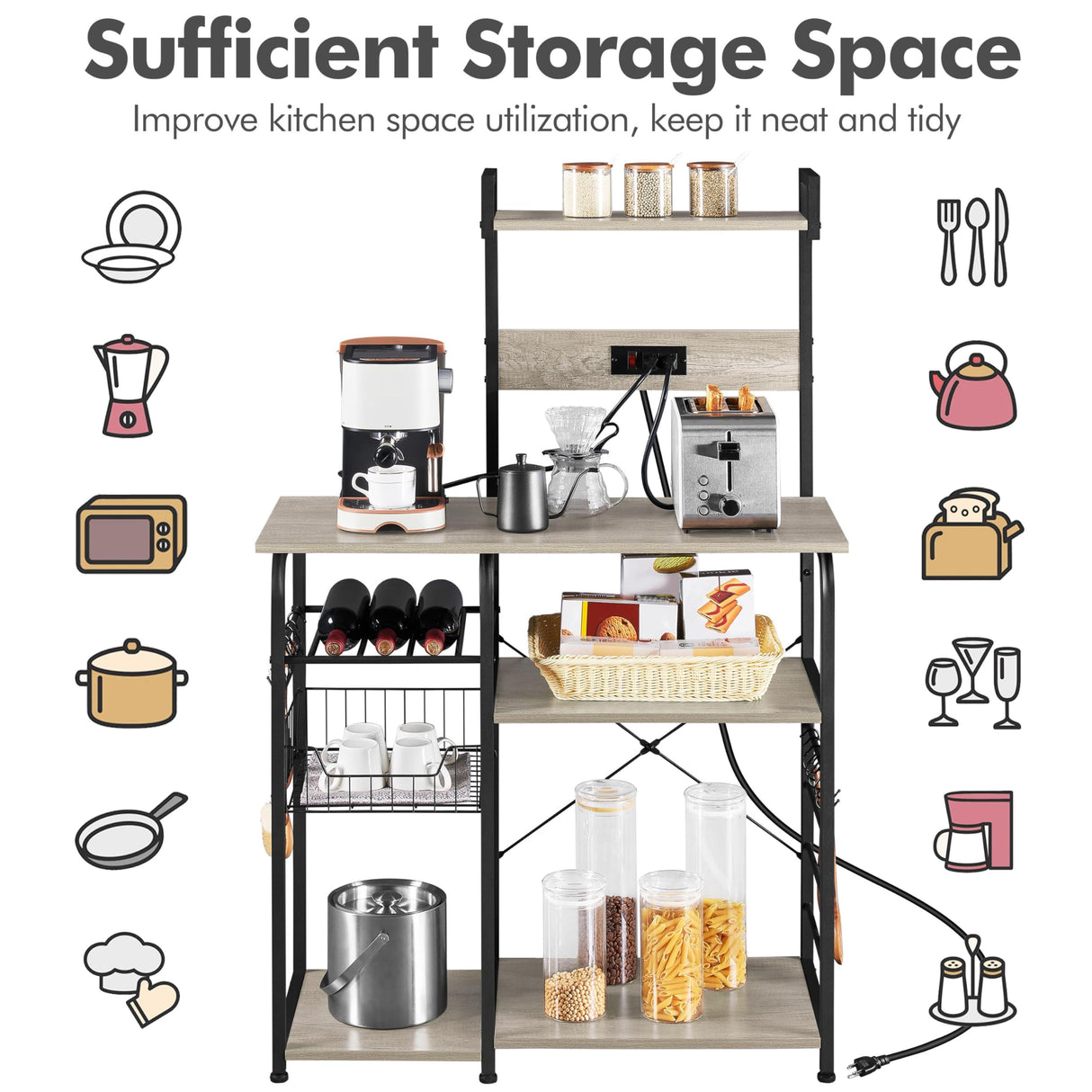 Yaheetech Bakers Rack with Power Outlet, 4-Tier Microwave Stand Cart Coffee Bar with Wire Basket and Wine Storage, Freestanding Kitchen Shelf Extra Counter Space, Gray Yaheetech