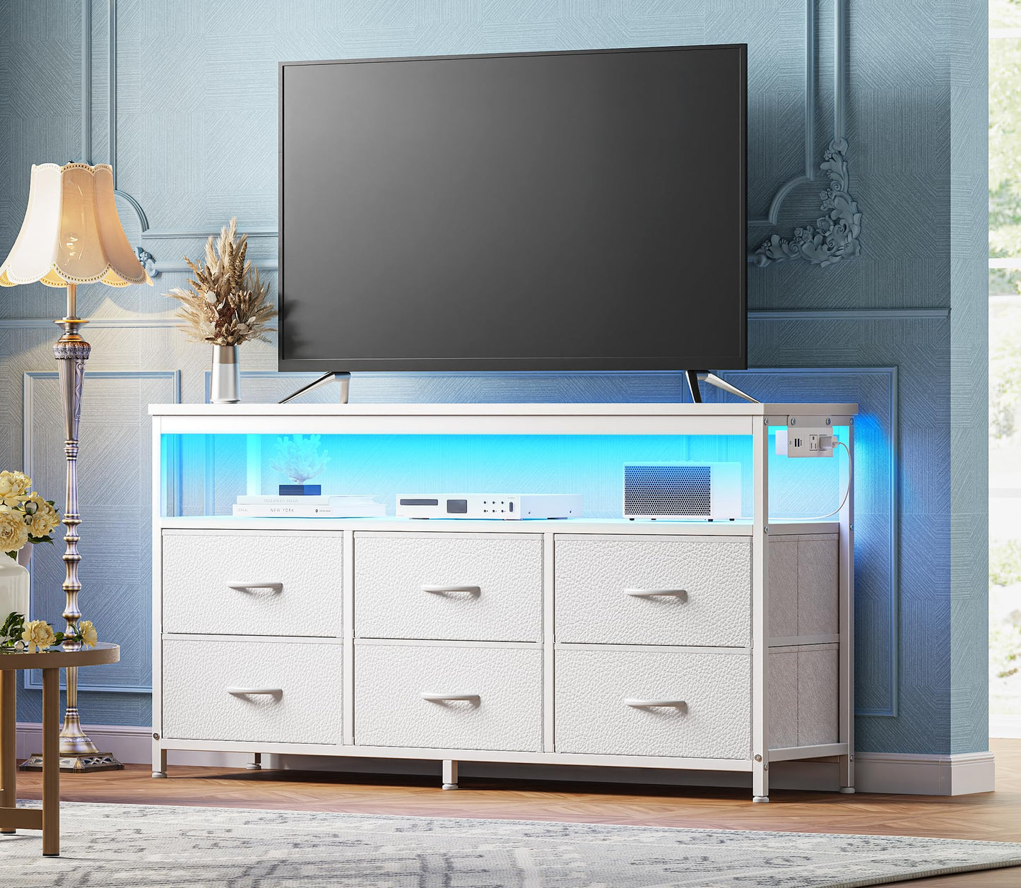 Huuger LED TV Stand for Bedroom, 47 Inch Dresser with Power Outlets, Entertainment Center for 55, 50, 43 Inch TV, 6 Drawer Dresser for Bedroom, Chest of Drawers with Open Shlef, PU Leather, White