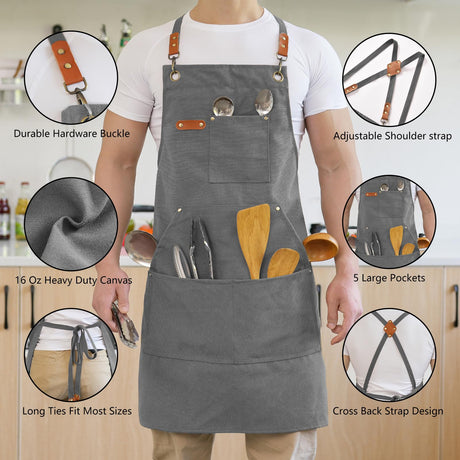 Aoomzoon Canvas Aprons for Men Chef Apron, Work Apron with Large Pockets - Durable 16oz Heavy Duty Cross Back, BBQ, Cooking (Gray, 1 Pack) Aoomzoon