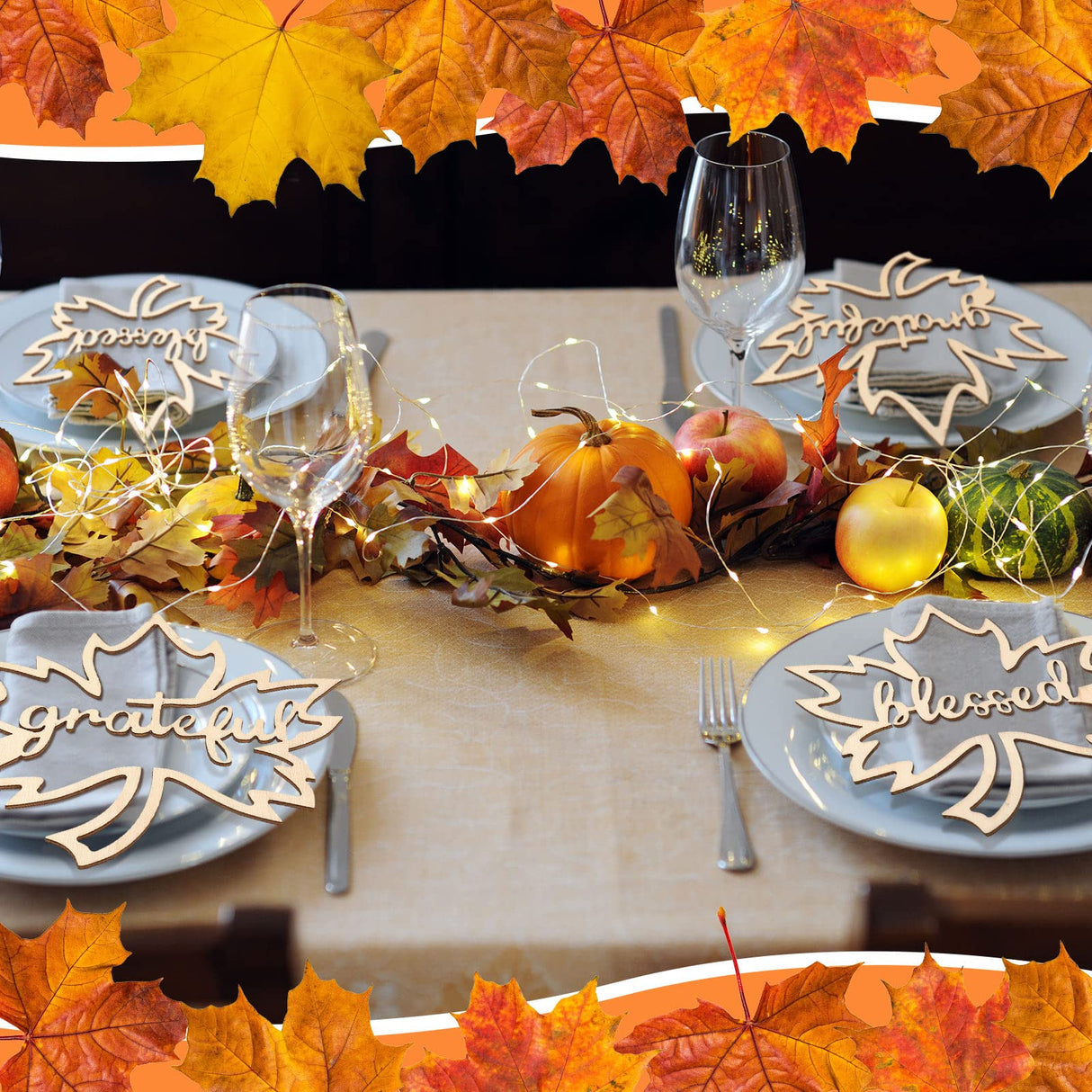 24 Pieces Fall Thanksgiving Maple Wooden Plate Decor Thankful Grateful Blessed Gather Place Card Settings Fall Dining Table Plate Ornament Farmhouse Home Table Rustic Letter Sign Bucherry