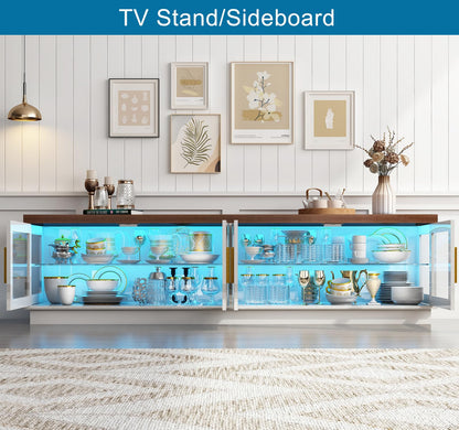 Hlivelood 70IN LED TV Stand for 85/80/75inch TV,High Glossy Modern TV Stand for Living Room,Wooden Farmhouse TV Stand,TV Entertainment Center with Storage Cabinet,TV Console,RGB LED(White)