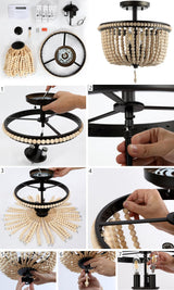 JONATHAN Y JYL9020C Allie 14" 3-Light Bohemian Farmhouse Wood Bead/Iron LED Semi Flush Mount Transitional Rustic Kitchen Hallway Bathroom Bedroom Entryway Foyer, Antique Gold/Light Taupe JONATHAN Y