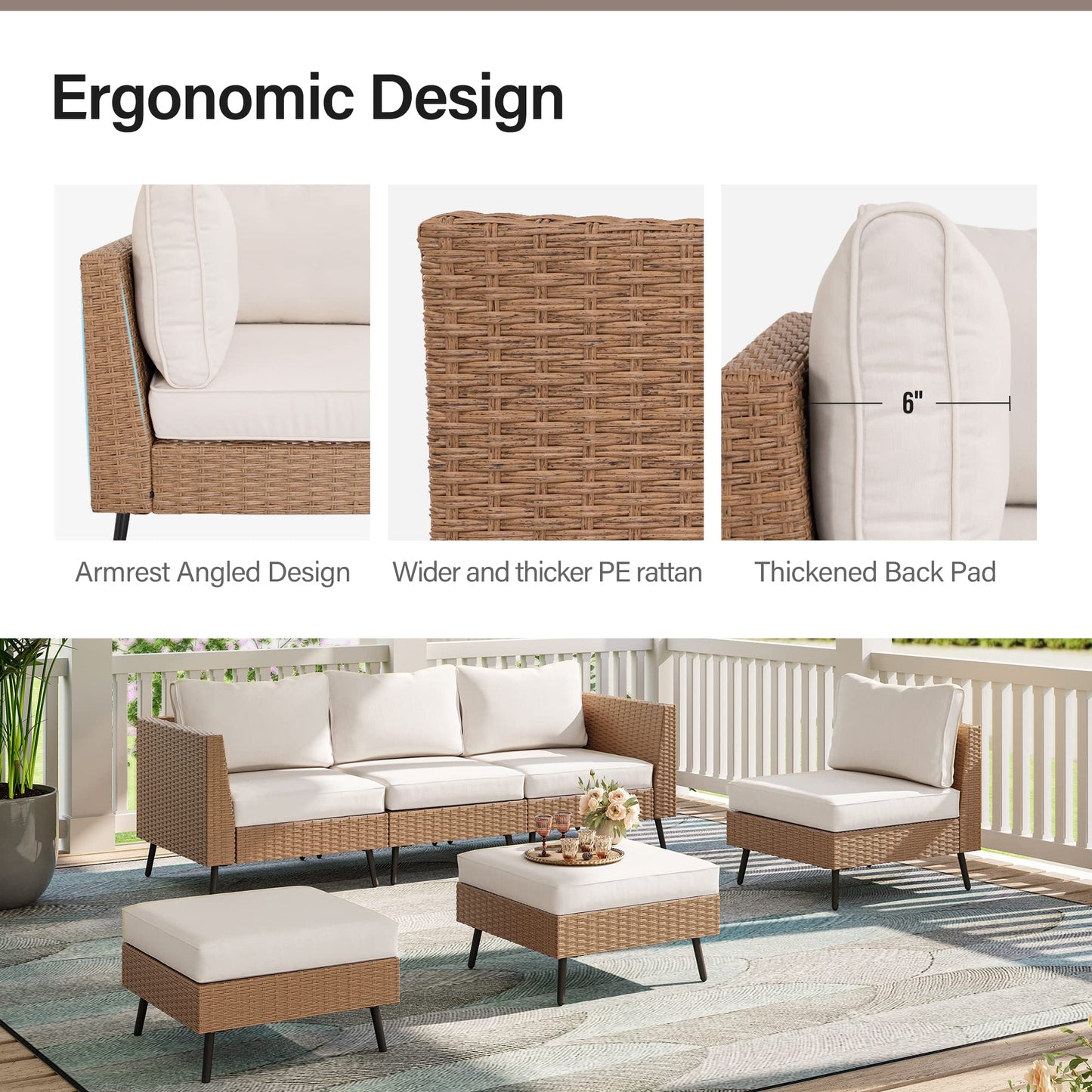 LAUSAINT HOME Outdoor Patio Furniture, 6 Piece Outdoor Sectional Sofa PE Rattan Wicker Patio Conversation Sets, All Weather Patio Furniture Set with Thick Cushions for Garden, Backyard(Beige) - WoodArtSupply