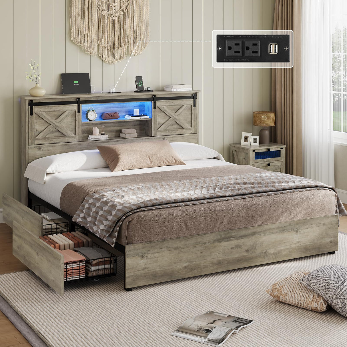 Hasuit Farmhouse Bed Frame King Size with 4 Storage Drawers, Wooden Platform King Beds with Charging Station and LED Lights, Rustic Bed with Storage Headboard and Sliding Barn Door Hasuit