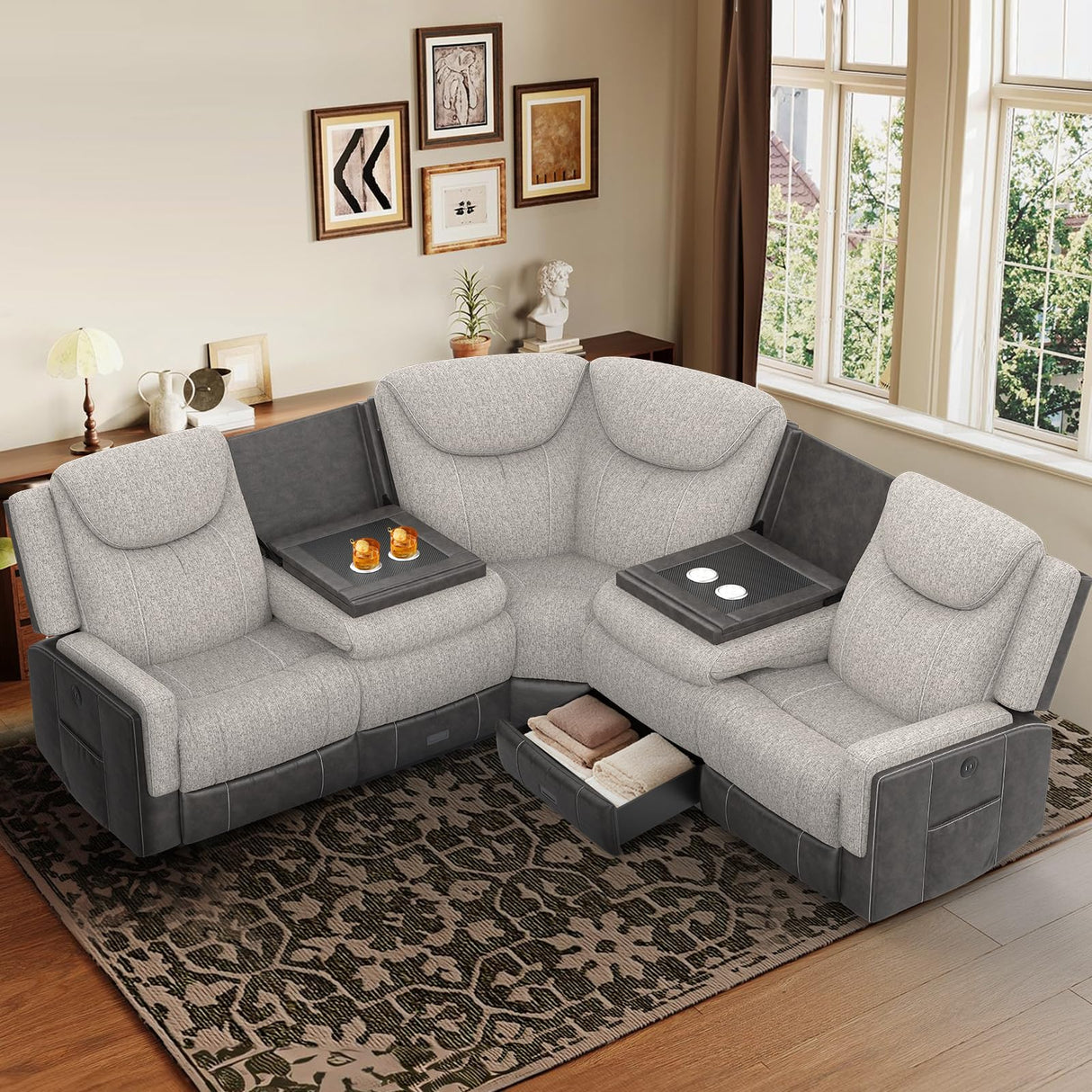Dresegmt Manual Recliner Sectional Sofa for Living Room, Corner Couch with Flip Middle Backrest, USB Ports & Cup Holders, Grey Linen & Chocolate Leather, 5 Seater Sectional Couch Dresegmt