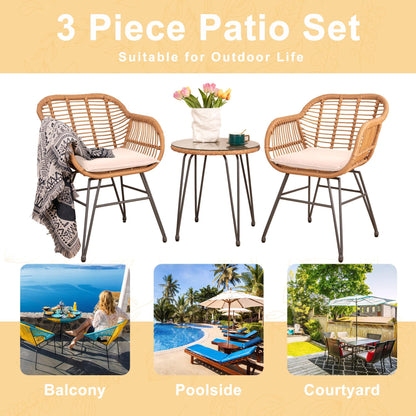 Tappio 3 Piece Outdoor Wicker Furniture Patio Bistro Set, Balcony Furniture Rattan Conversation Sets with Cushions, Wicker Patio Chairs Patio Furniture Set for Outdoor Poolside Garden, Beige