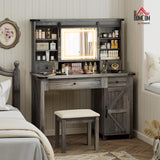 HOMCOM Farmhouse Vanity Desk with Mirror, LED Lights Makeup Vanity Table with 42 Inch Glass Tabletop, Cushioned Stool, Drawers & Shelves & Cabinet, Rustic Dressing Table Set for Bedroom, Gray HOMCOM