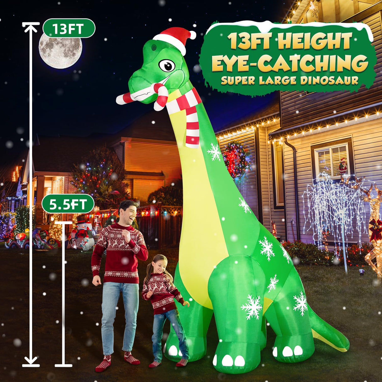 13FT Giant Dinosaur Christmas Inflatable Decorations, Built-in LED Lights, Strong Blower Huge Blow Up Yard Clearance Decor with Large Candy Cane Xmas Santa Hat Outdoor Indoor Holiday Party zukakii