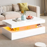 AMERLIFE High Gloss LED Coffee Table, Modern 2-Tier Center Table with LED Lights, Open Storage Space, 40in Simple Rectangular Sofa Side Table for Living Room, White AMERLIFE