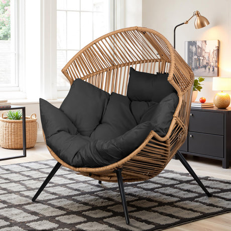 Vongrasig Wicker Egg Chair PE Rattan Chair with Cushion, Oversized Patio Lounge Chair for Outdoor, Indoor, Balcony, Backyard, Garden, Living Room, Black Vongrasig