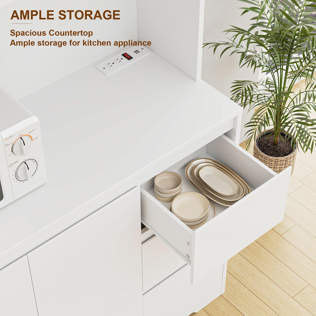 71" Tall Finetones Multi-functional Kitchen Pantry Cabinet with LED Lights and Charging Station finetones