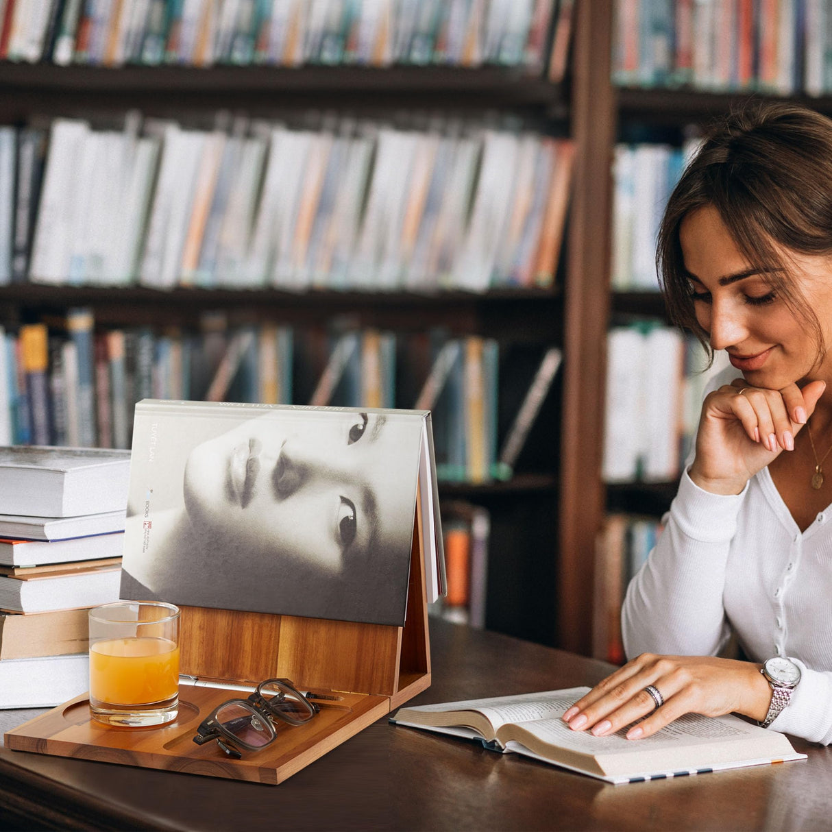 NAGAWOOD Triangle Book Holder, Book Rest, Acacia Foldable Book Nook Reading Valet, Triangle Book Stand with Cup, Pen, Glasses and Phone Holder for Bedroom, Nightstand or Office, Gifts for Book Lover NAGAWOOD