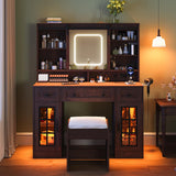 Maupvit Farmhouse Makeup Vanity Desk with Sliding Mirror, 45.5" Vanity Set with 3 Drawers & 2 RGB LED Cabinets & Charging Station, Ample Storage, Stool Included, Brown Maupvit