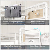 Jocoevol Twin Size Heavy Duty Metal Loft Bed with L-Shaped Desk, LED Lights,Charging Station, Industrial Loft Bed Frame with 3 Storage Shelves and 3 Fabric Drawers, Safety Guard & Ladder (White) Jocoevol